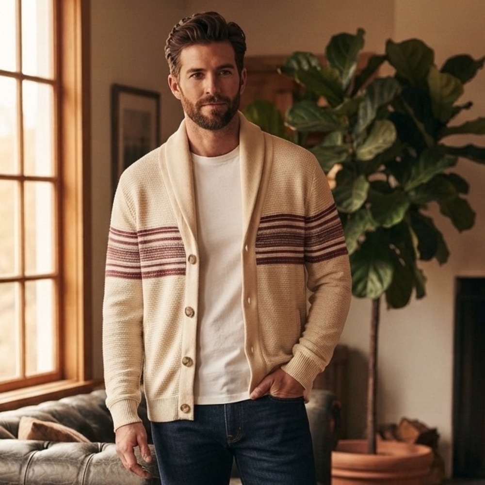 Marine Layer Mens Cream Red Striped Shawl Collar Cotton Cardigan Sweater Size M